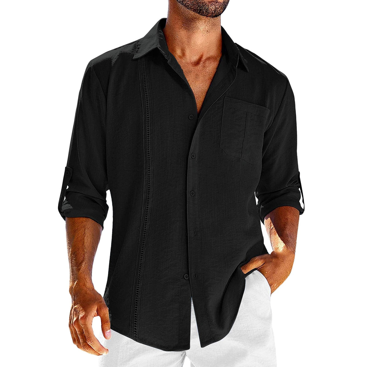 Casual Long Sleeve Shirt With Pocket Lace Polo Collar Solid Color Button Mens Clothing - MISSCLAUS
