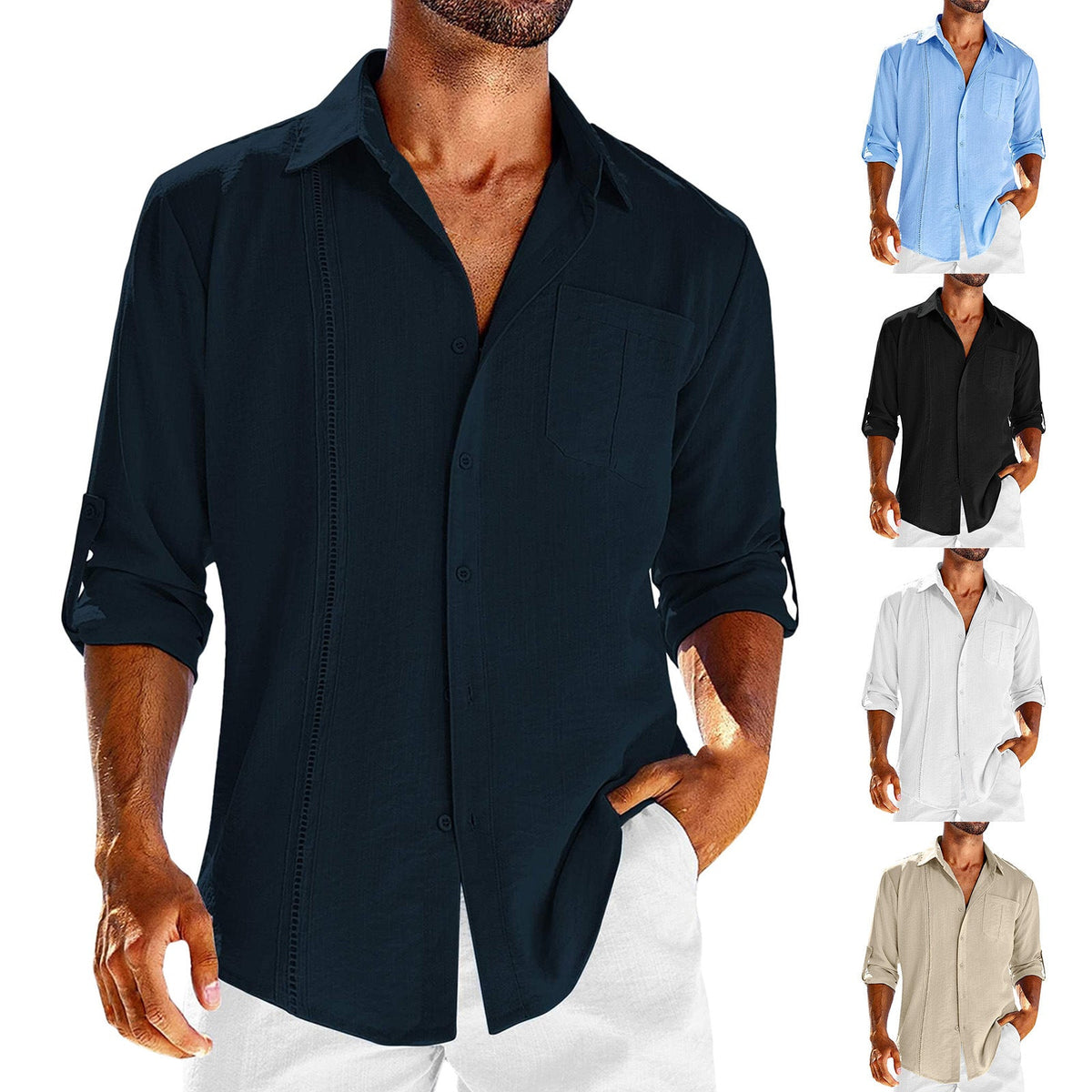 Casual Long Sleeve Shirt With Pocket Lace Polo Collar Solid Color Button Mens Clothing - MISSCLAUS