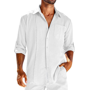 Casual Long Sleeve Shirt With Pocket Lace Polo Collar Solid Color Button Mens Clothing - MISSCLAUS