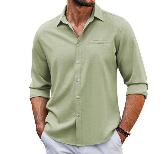 Casual Long Sleeve Shirt With Pocket Lace Polo Collar Solid Color Button Mens Clothing - MISSCLAUS