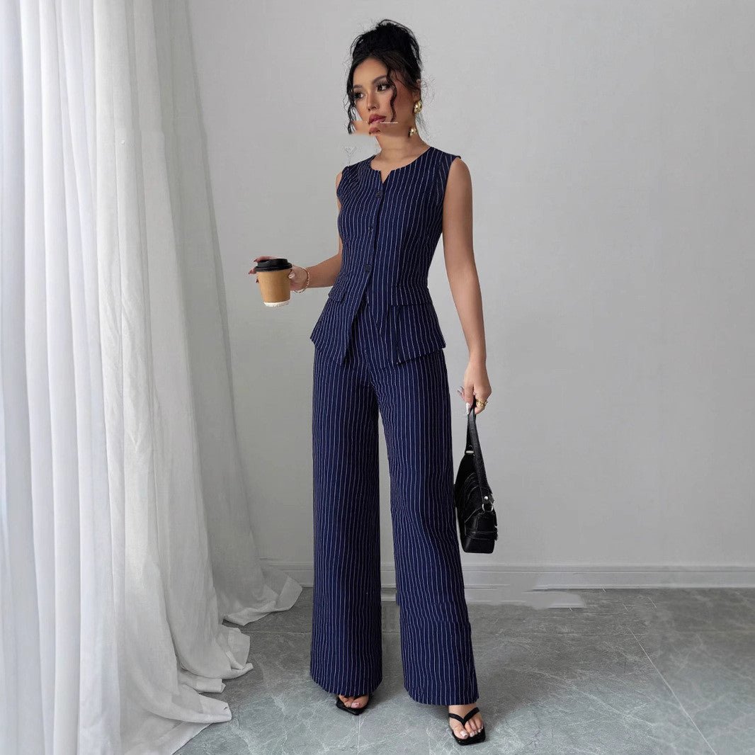 Casual Striped Short Style Lapel Suit Straight - leg Pants Suit - MISSCLAUS