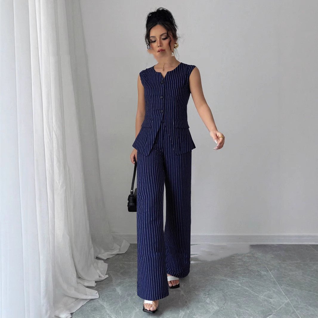 Casual Striped Short Style Lapel Suit Straight - leg Pants Suit - MISSCLAUS
