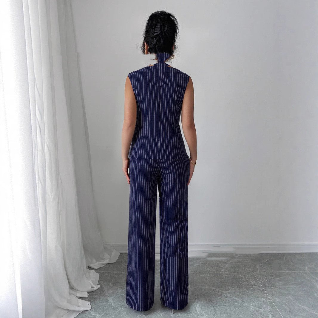 Casual Striped Short Style Lapel Suit Straight - leg Pants Suit - MISSCLAUS