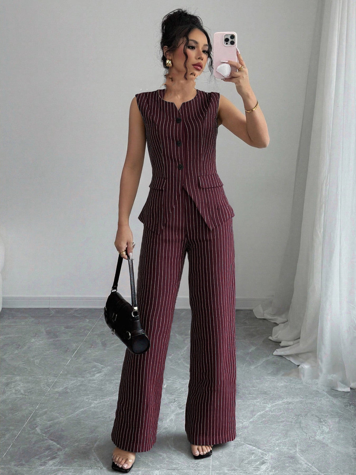 Casual Striped Short Style Lapel Suit Straight - leg Pants Suit - MISSCLAUS