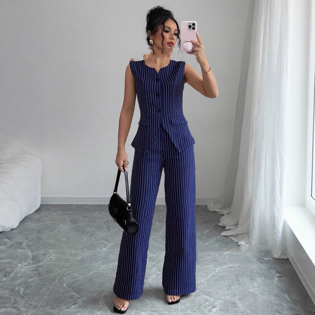 Casual Striped Short Style Lapel Suit Straight - leg Pants Suit - MISSCLAUS