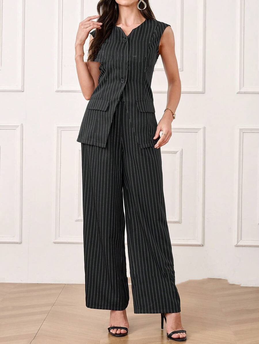 Casual Striped Short Style Lapel Suit Straight - leg Pants Suit - MISSCLAUS