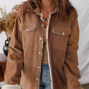 Cinnamon Fleece Lined Buttoned Flap Pockets Corduroy Jacket - MISSCLAUS