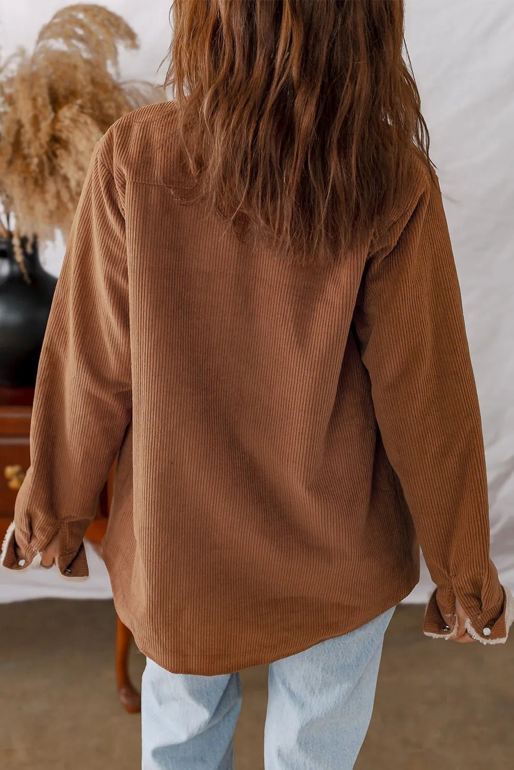 Cinnamon Fleece Lined Buttoned Flap Pockets Corduroy Jacket - MISSCLAUS