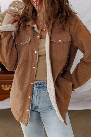 Cinnamon Fleece Lined Buttoned Flap Pockets Corduroy Jacket - MISSCLAUS