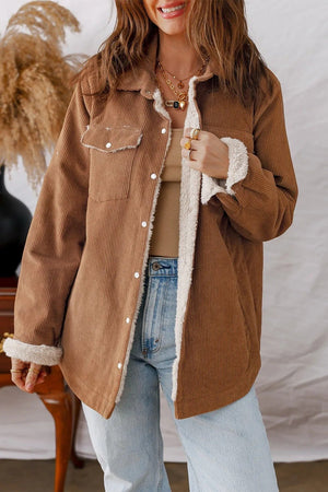 Cinnamon Fleece Lined Buttoned Flap Pockets Corduroy Jacket - MISSCLAUS