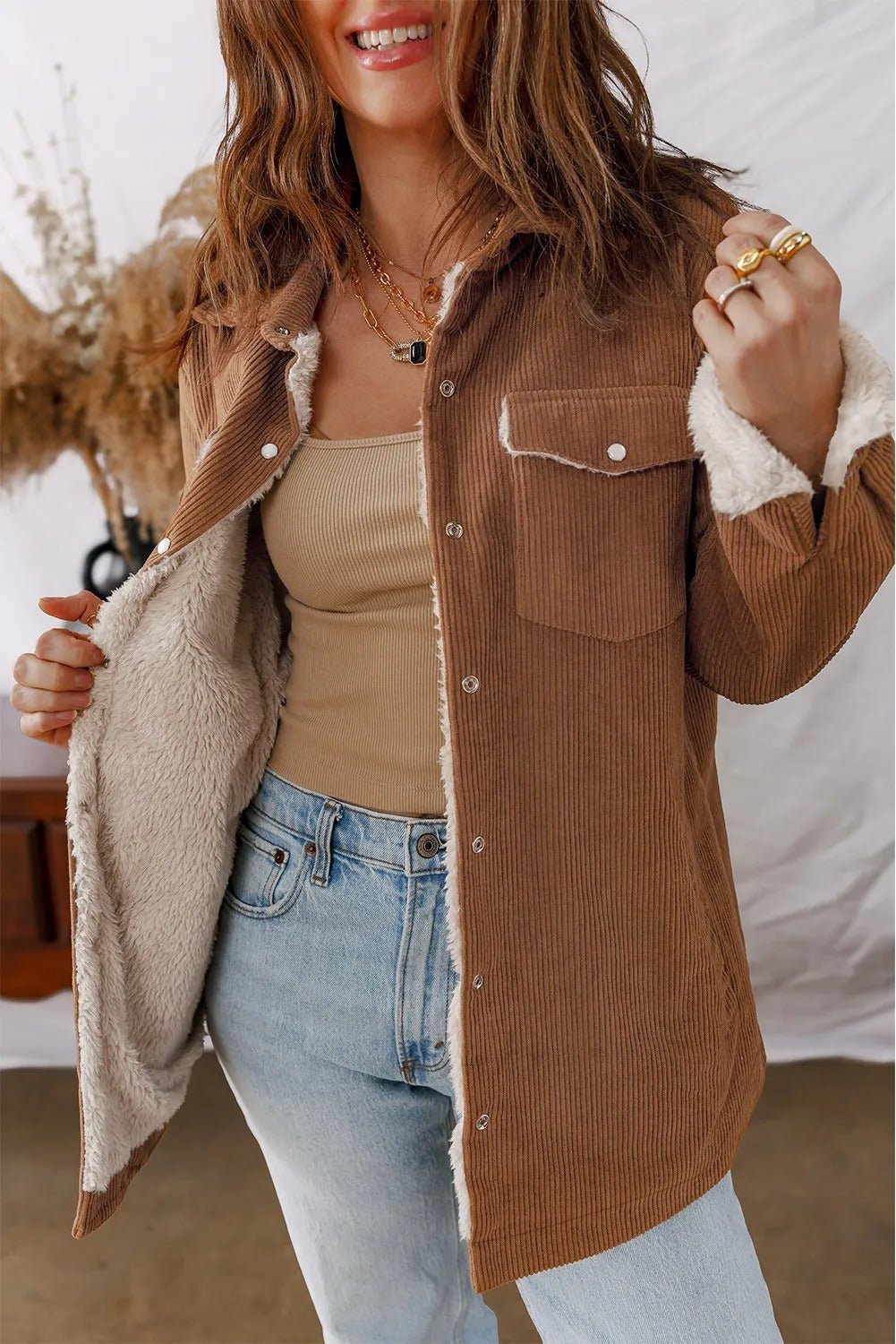 Cinnamon Fleece Lined Buttoned Flap Pockets Corduroy Jacket - MISSCLAUS