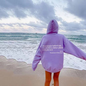 Dear Person Behind Me,the World Is A Better Place,with You In It,love,the Person In Front Of You,Women's Plush Letter Printed Kangaroo Pocket Drawstring Printed Hoodie Unisex Trendy Hoodies - MISSCLAUS