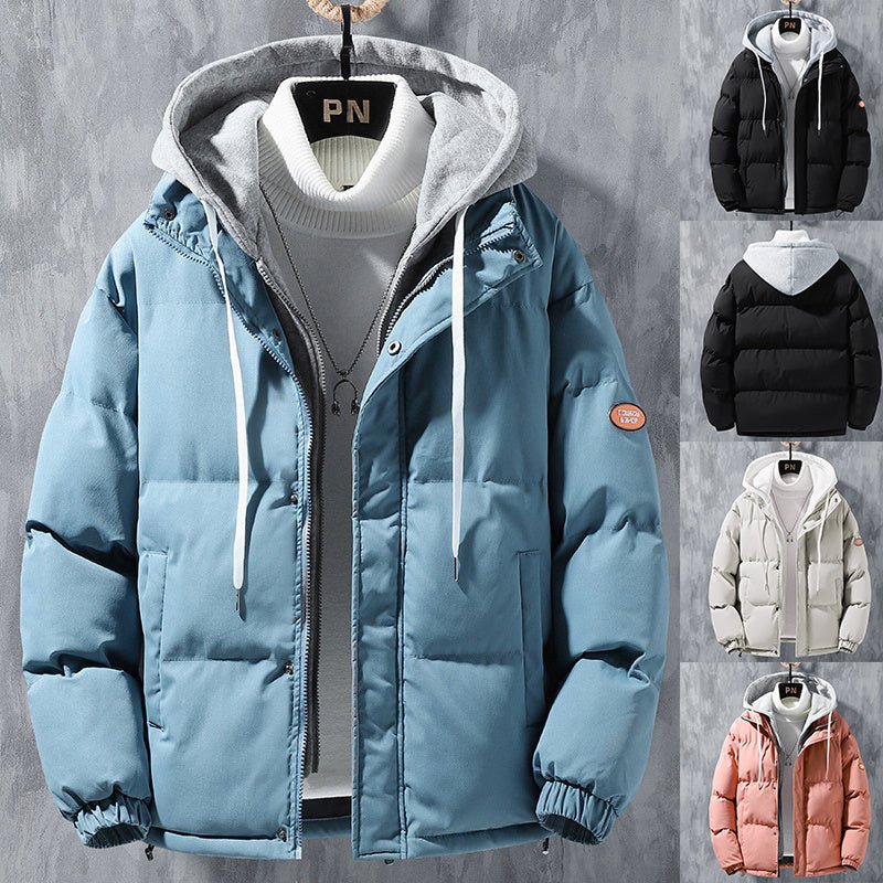 Fashion Hooded Jacket Men Winter Windproof Thickened Fake Two - piece Coat Solid Leisure Sports Cotton Jacket - MISSCLAUS