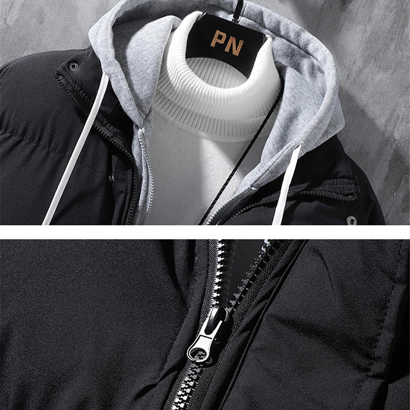 Fashion Hooded Jacket Men Winter Windproof Thickened Fake Two - piece Coat Solid Leisure Sports Cotton Jacket - MISSCLAUS