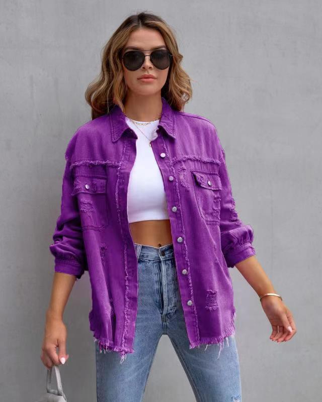 Fashion Ripped Shirt Jacket Female Autumn And Spring Casual Tops Womens Clothing - MISSCLAUS