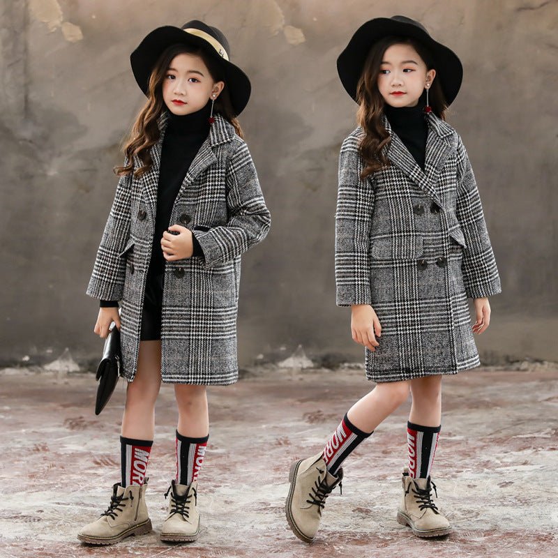 Gray plaid houndstooth coat for girls - MISSCLAUS