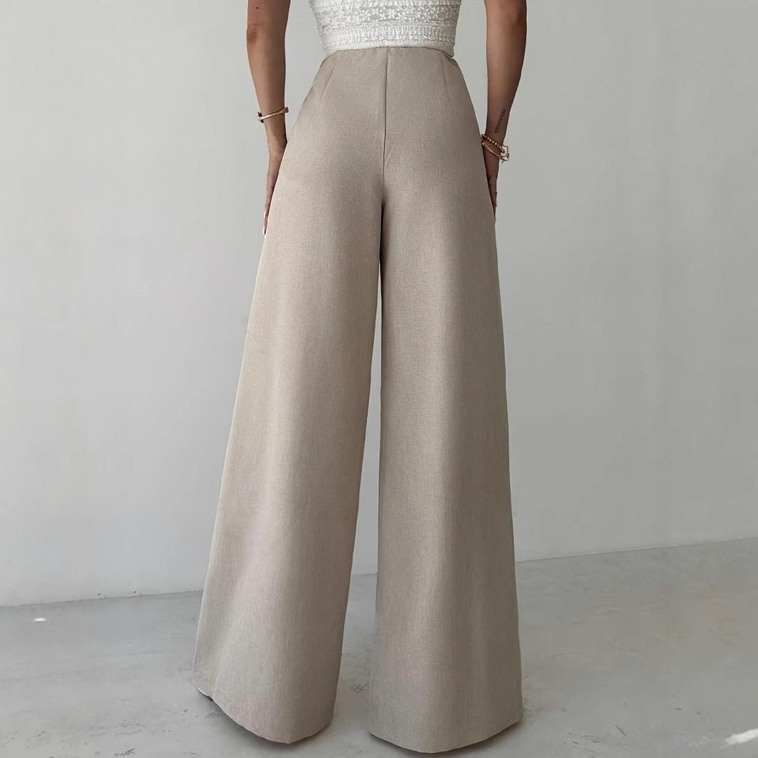 High Waist Beige Metal Buckle Wide Leg Pants - MISSCLAUS