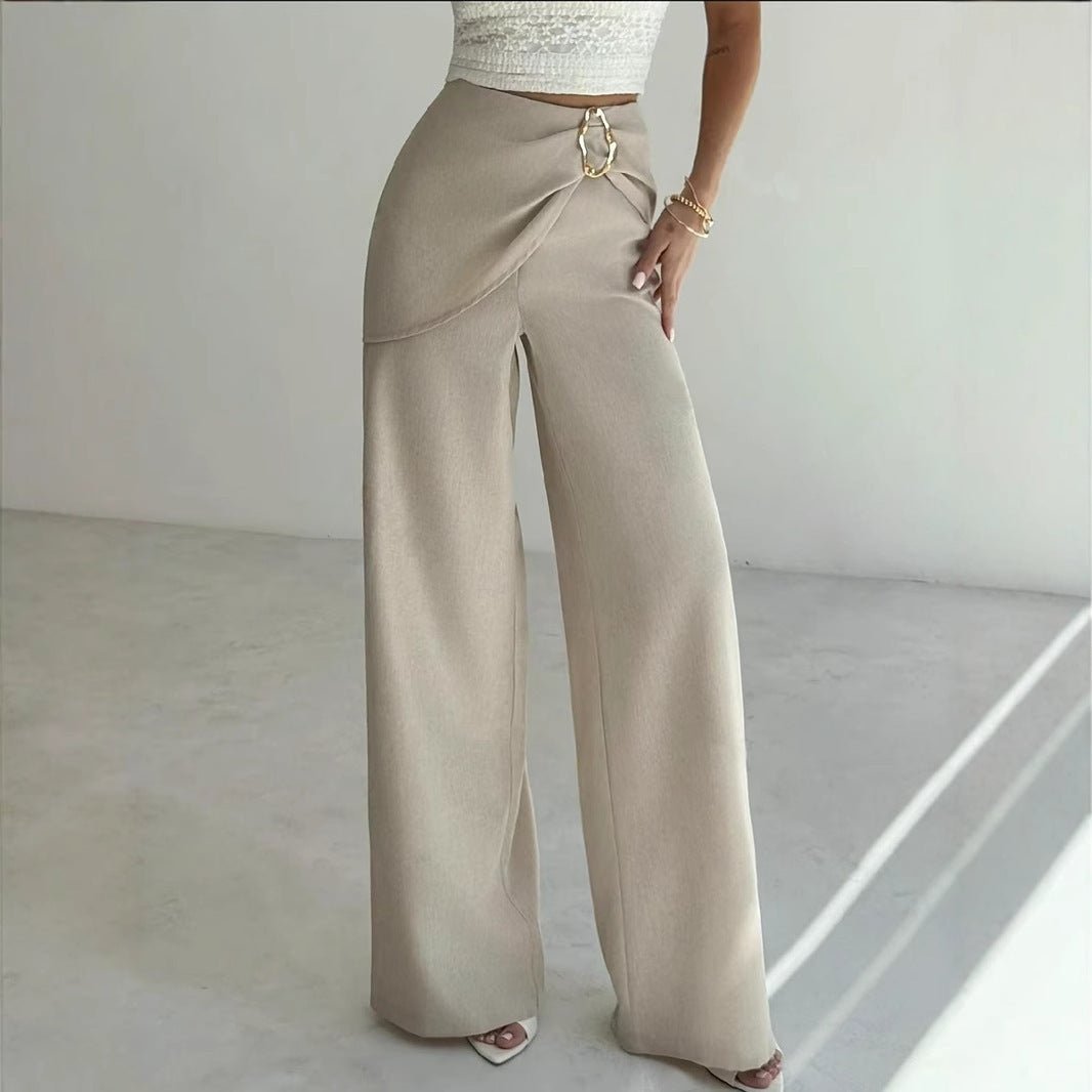 High Waist Beige Metal Buckle Wide Leg Pants - MISSCLAUS