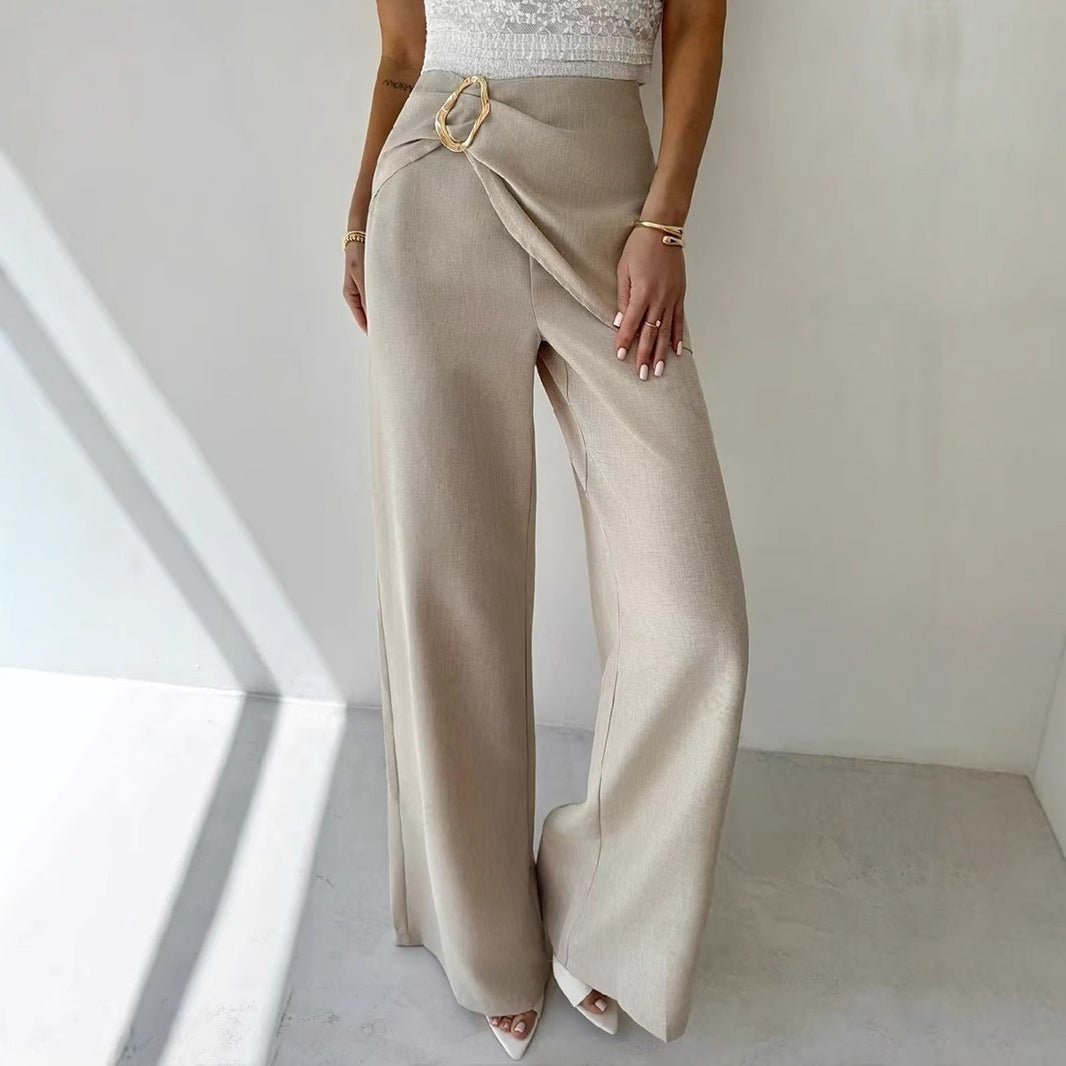 High Waist Beige Metal Buckle Wide Leg Pants - MISSCLAUS