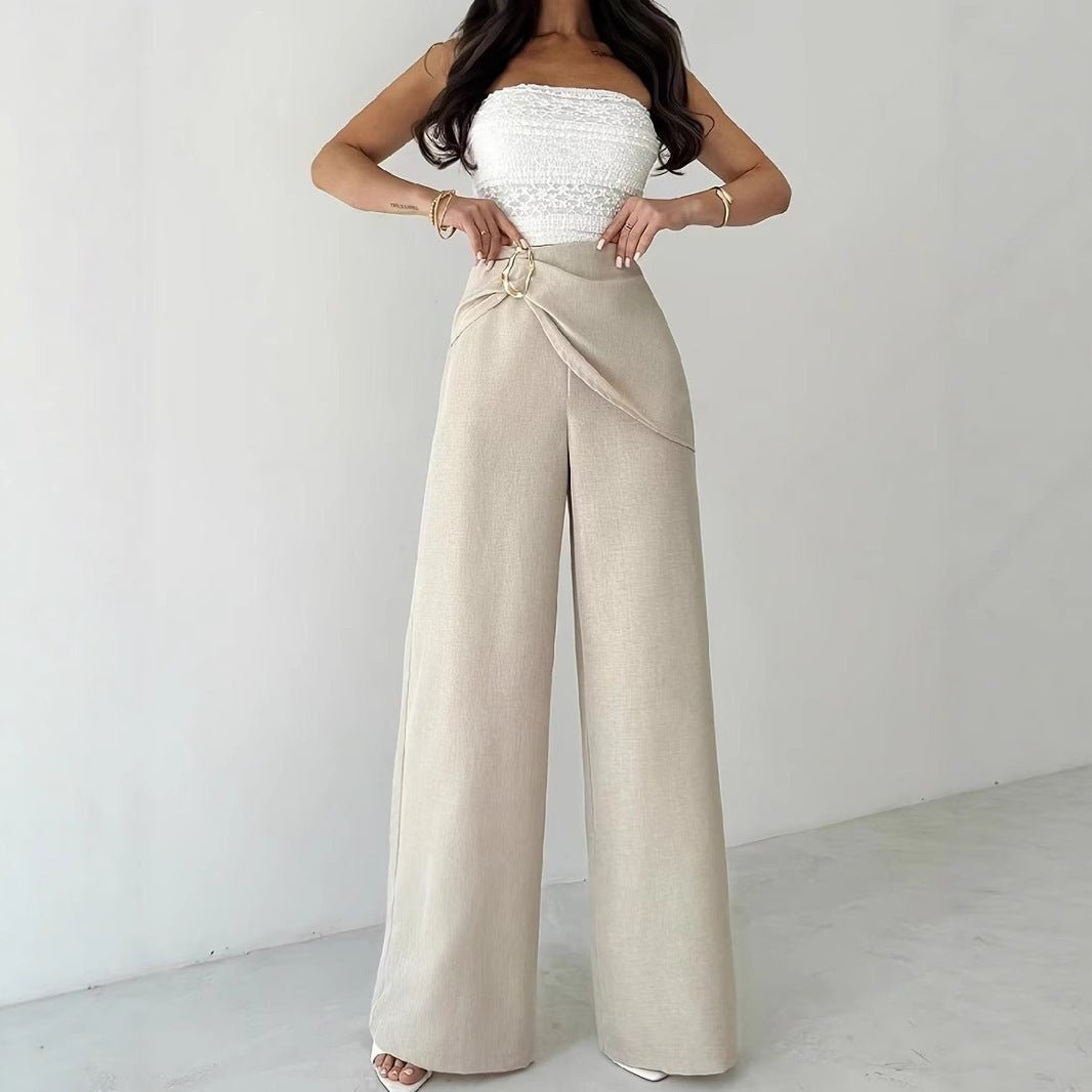 High Waist Beige Metal Buckle Wide Leg Pants - MISSCLAUS