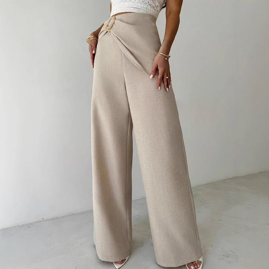 High Waist Beige Metal Buckle Wide Leg Pants - MISSCLAUS