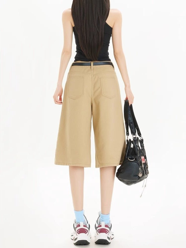 Khaki Workwear Wide Leg Cropped Denim Women&#39;s Shorts - MISSCLAUS