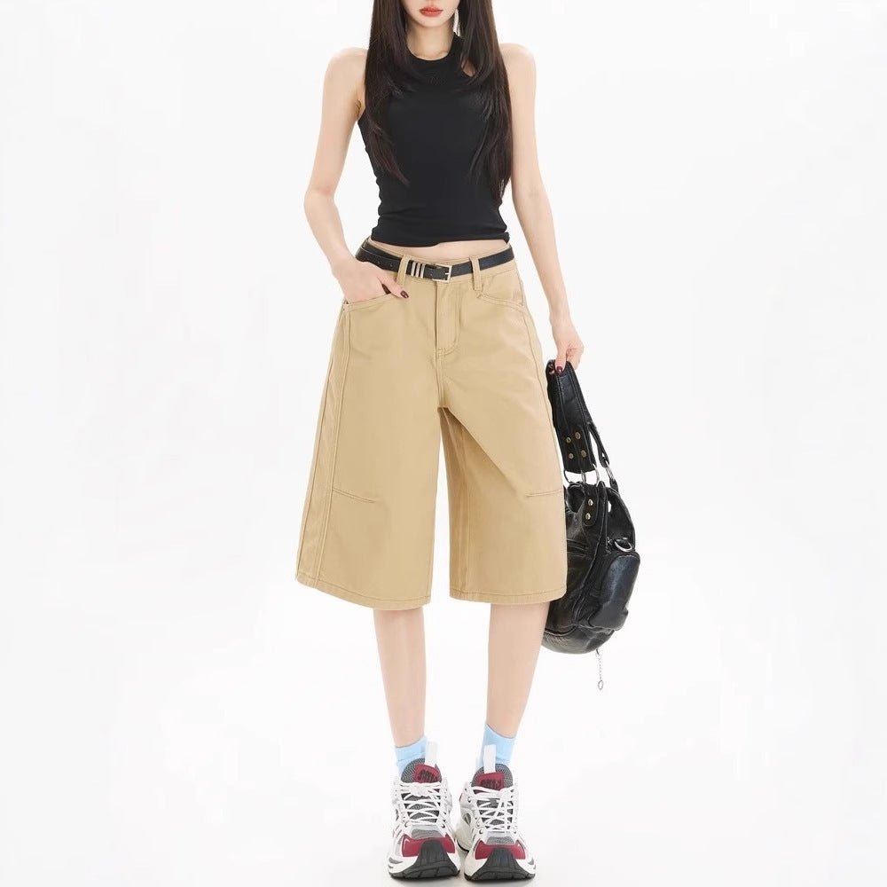 Khaki Workwear Wide Leg Cropped Denim Women&#39;s Shorts - MISSCLAUS