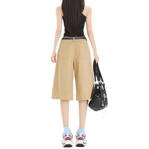 Khaki Workwear Wide Leg Cropped Denim Women's Shorts - MISSCLAUS