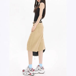 Khaki Workwear Wide Leg Cropped Denim Women's Shorts - MISSCLAUS
