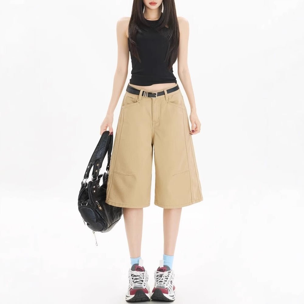 Khaki Workwear Wide Leg Cropped Denim Women&#39;s Shorts - MISSCLAUS