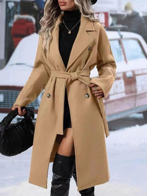 Lapel Double - breasted Trench Coat With Belt Winter Fashion Solid Color Long Jacket Outwear Women Clothing - MISSCLAUS