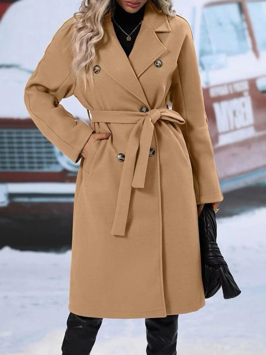 Lapel Double - breasted Trench Coat With Belt Winter Fashion Solid Color Long Jacket Outwear Women Clothing - MISSCLAUS
