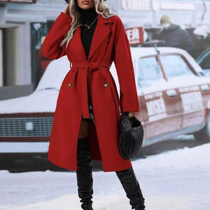 Lapel Double - breasted Trench Coat With Belt Winter Fashion Solid Color Long Jacket Outwear Women Clothing - MISSCLAUS