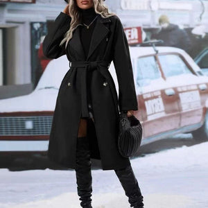 Lapel Double - breasted Trench Coat With Belt Winter Fashion Solid Color Long Jacket Outwear Women Clothing - MISSCLAUS