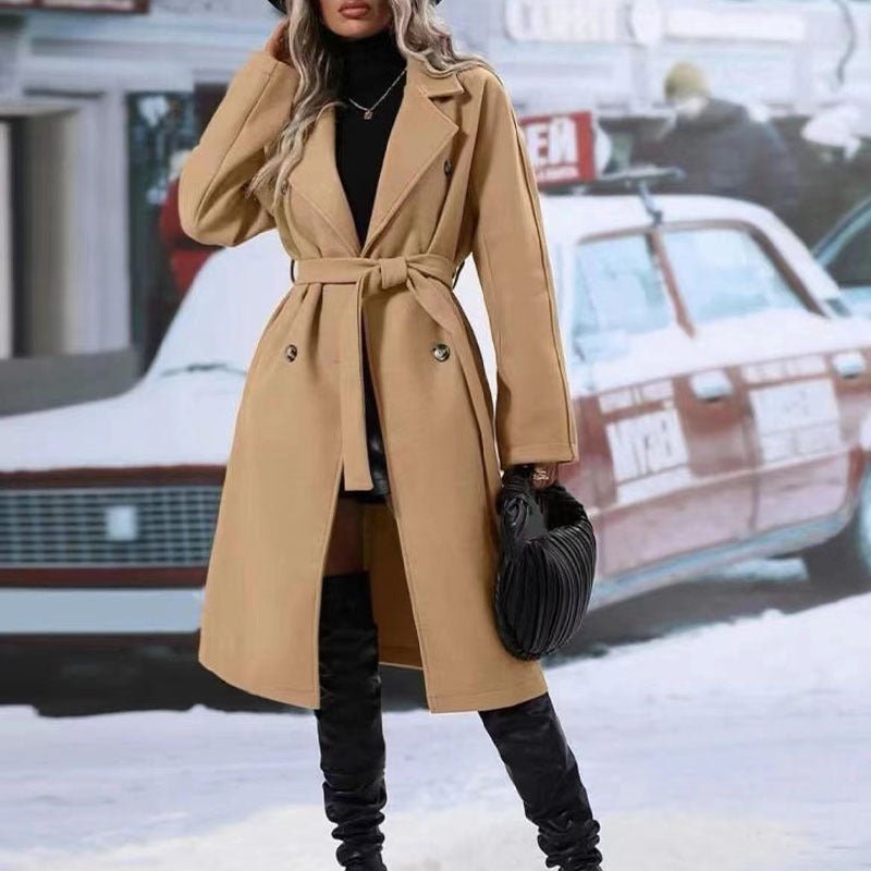 Lapel Double - breasted Trench Coat With Belt Winter Fashion Solid Color Long Jacket Outwear Women Clothing - MISSCLAUS
