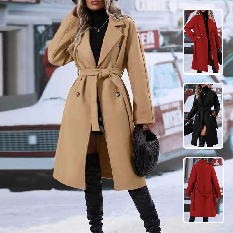 Lapel Double - breasted Trench Coat With Belt Winter Fashion Solid Color Long Jacket Outwear Women Clothing - MISSCLAUS