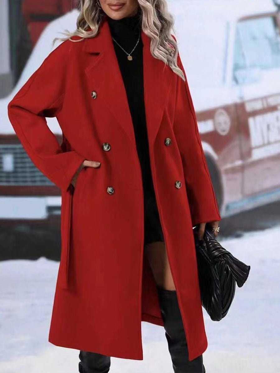 Lapel Double - breasted Trench Coat With Belt Winter Fashion Solid Color Long Jacket Outwear Women Clothing - MISSCLAUS