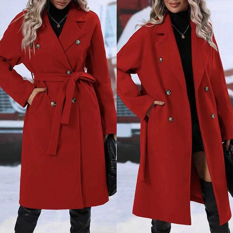 Lapel Double - breasted Trench Coat With Belt Winter Fashion Solid Color Long Jacket Outwear Women Clothing - MISSCLAUS