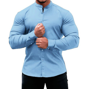 Long Sleeve Shirt Men Casual Button Down Slim Tops Solid Color Casual Mens Clothing - MISSCLAUS
