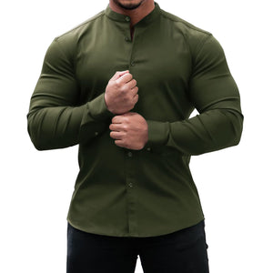 Long Sleeve Shirt Men Casual Button Down Slim Tops Solid Color Casual Mens Clothing - MISSCLAUS