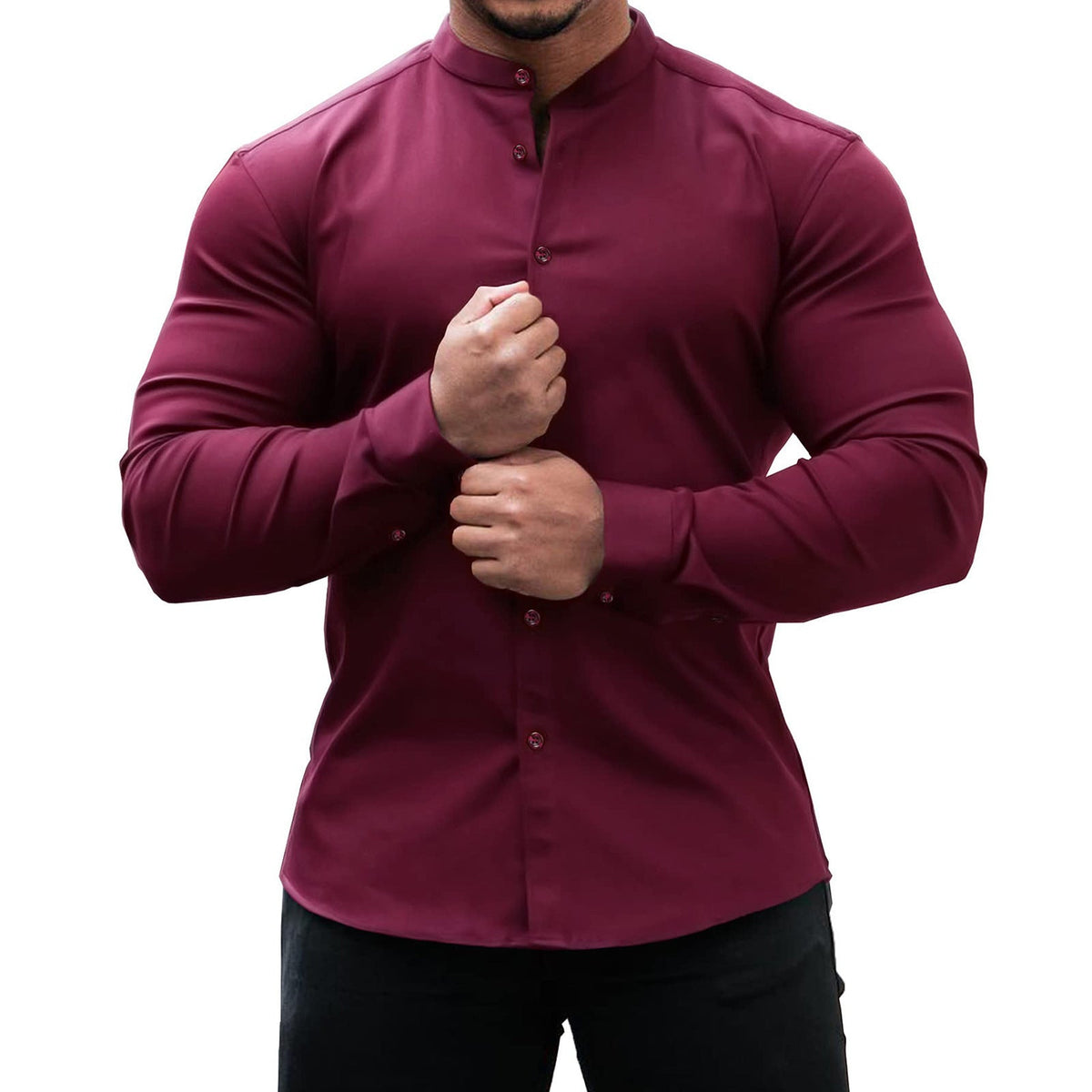 Long Sleeve Shirt Men Casual Button Down Slim Tops Solid Color Casual Mens Clothing - MISSCLAUS