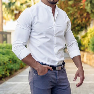 Long Sleeve Shirt Men Casual Button Down Slim Tops Solid Color Casual Mens Clothing - MISSCLAUS
