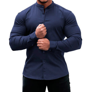Long Sleeve Shirt Men Casual Button Down Slim Tops Solid Color Casual Mens Clothing - MISSCLAUS