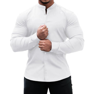 Long Sleeve Shirt Men Casual Button Down Slim Tops Solid Color Casual Mens Clothing - MISSCLAUS