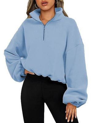 Loose Sport Pullover Hoodie Women Winter Solid Color Zipper Stand Collar Sweatshirt Thick Warm Clothing - MISSCLAUS