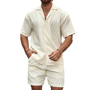 Men Tracksuits Summer Fashion Solid Loose Casual Two Pieces Lapel Button Shirt Shorts Beach Holiday All - match Outfits Male - MISSCLAUS