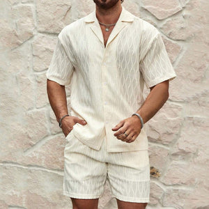 Men Tracksuits Summer Fashion Solid Loose Casual Two Pieces Lapel Button Shirt Shorts Beach Holiday All - match Outfits Male - MISSCLAUS