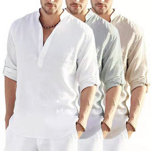 Men's Casual Cotton Linen Solid Color Long Sleeve Shirt Loose Stand Collar - MISSCLAUS