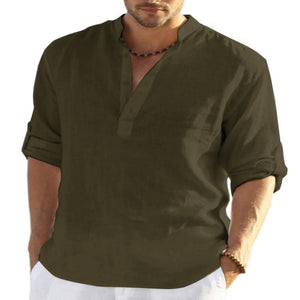 Men's Casual Cotton Linen Solid Color Long Sleeve Shirt Loose Stand Collar - MISSCLAUS