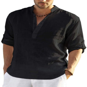 Men's Casual Cotton Linen Solid Color Long Sleeve Shirt Loose Stand Collar - MISSCLAUS